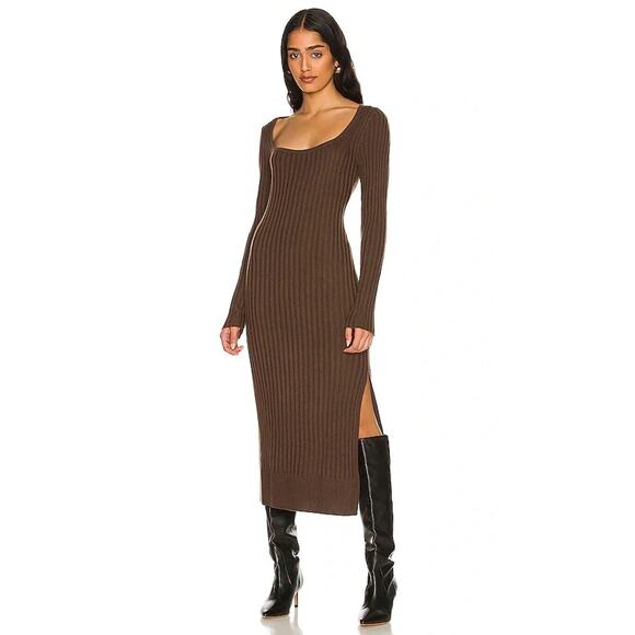 PAIGE Benita Chocolate Brown Y2K Long Sleeve Midi Sweater Dress Ribbed XL NWT - Picture 1 of 5